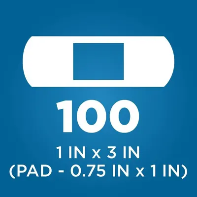 Communicates the exact physical dimensions of the bandages and pad to help shoppers understand the size and coverage area before purchase. Highlights that the package contains 100 bandages to…