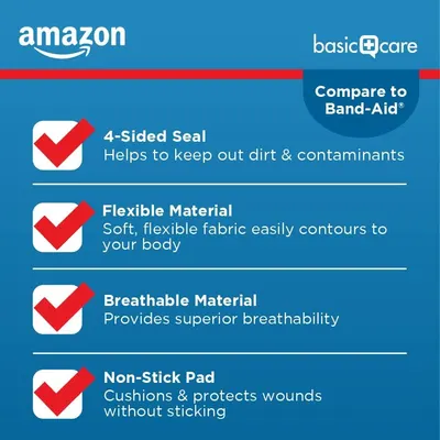 Communicates multiple key benefits of the Amazon Basics bandages compared to Band-Aid, highlighting four distinct features to demonstrate product superiority and value. Positions the Amazon Basics…