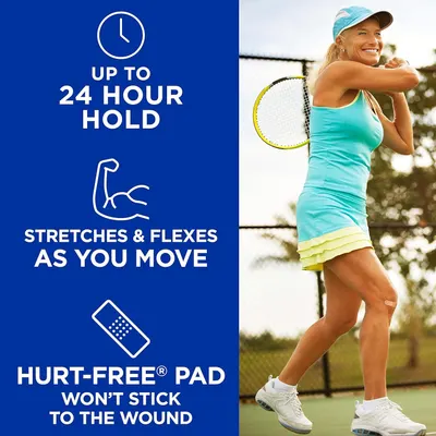 Communicates three distinct product benefits in a segmented layout: long-lasting adhesion, flexibility during movement, and a pad that won't stick to wounds, reassuring shoppers of comprehensive…