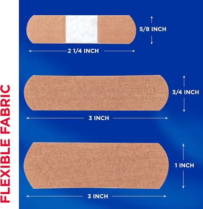 Communicates the exact physical dimensions of three different bandage sizes to help shoppers understand which size best fits their needs.