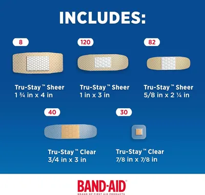 Shows shoppers exactly what they receive in the package: the quantity and variety of bandage sizes and types included in this Band-Aid variety pack.