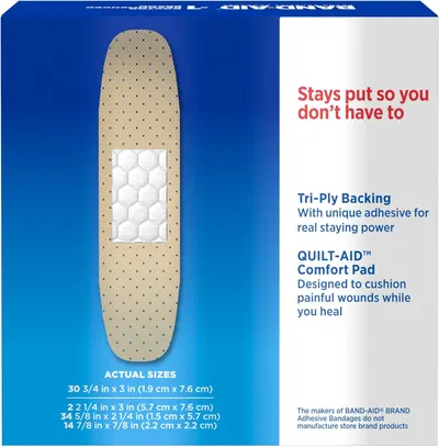 Breaks down the physical construction of the bandage by highlighting its tri-ply adhesive backing and comfort pad, showing shoppers what makes the product stay in place and cushion wounds…