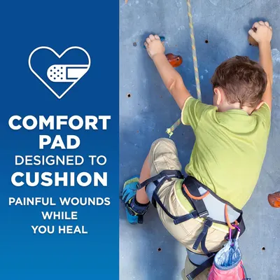 Communicates that the product provides cushioning and comfort for painful wounds during healing, reassuring parents that it protects active kids.