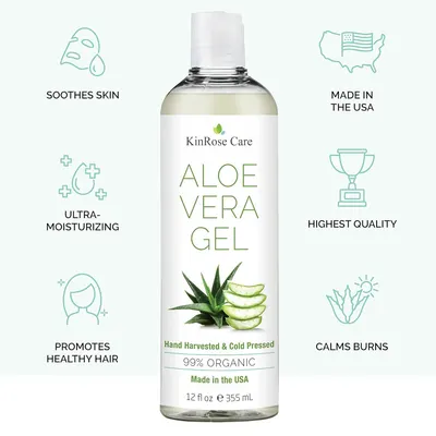 Communicates multiple distinct benefits of the aloe vera gel in a segmented layout with icons and text, showing shoppers the versatility and quality of the product across skincare, haircare, and…