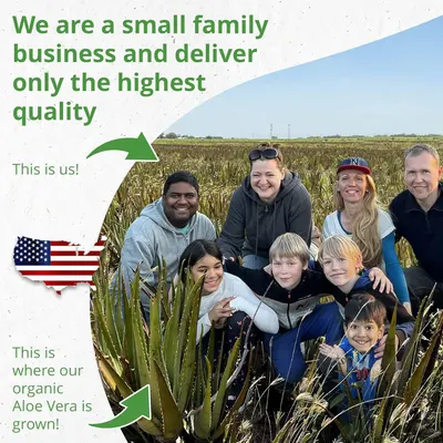 Communicates the brand's heritage and values by showing the family behind the business and highlighting their organic, USA-grown aloe vera to build trust and emotional connection with shoppers.
