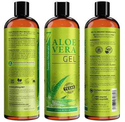 This image showcases multiple distinct selling benefits of the aloe vera gel product across three visually segmented panels, including organic ingredients, sustainability certifications, sourcing…