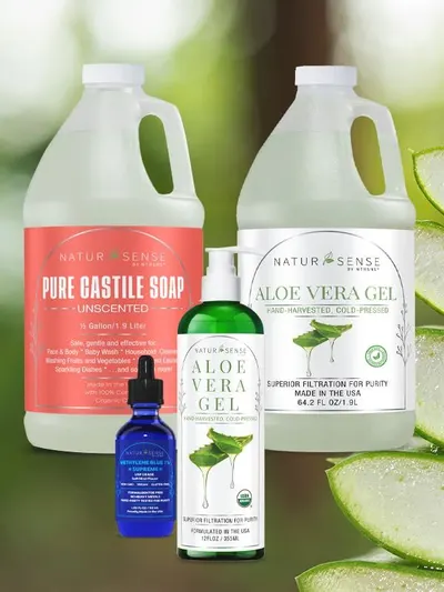Displays the brand's product portfolio to help shoppers understand the range of NaturSense products available, including castile soap, aloe vera gel in different sizes, and essential oil.