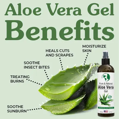 Communicates multiple distinct benefits of aloe vera gel across different use cases, showing shoppers the product's versatility for skin care, healing, and soothing applications.