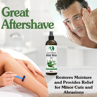 Demonstrates the versatility of the Aloe Vera gel by showing it can be used as an aftershave for both men (facial) and women (body shaving), highlighting its multi-purpose application. Communicates…