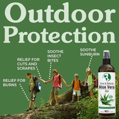 Communicates multiple distinct benefits of the aloe vera gel for outdoor protection, showing it can address burns, cuts, scrapes, insect bites, and sunburn to reassure shoppers of its versatility.