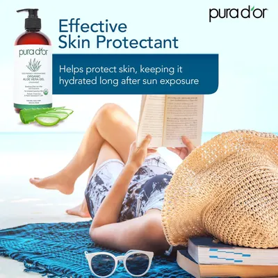 Communicates that the aloe vera gel provides effective skin protection and keeps skin hydrated long after sun exposure, positioning it as an essential after-sun care product.