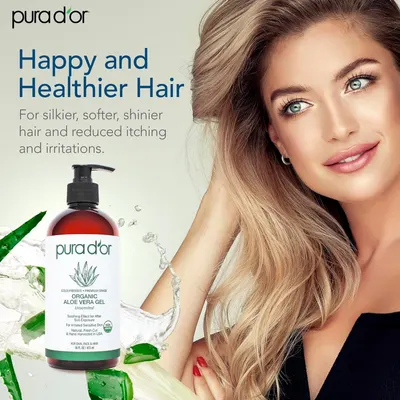 Communicates multiple hair health benefits (silkier, softer, shinier hair plus reduced itching and irritations) to show the comprehensive effectiveness of the organic aloe vera gel product.