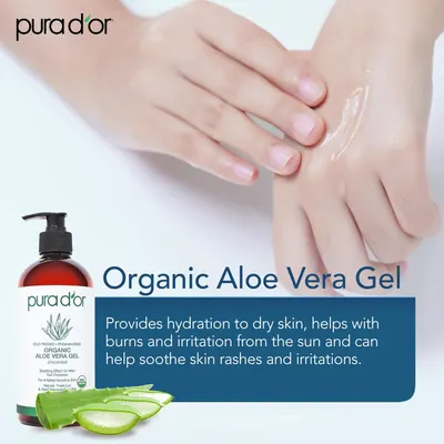 Communicates multiple benefits of the organic aloe vera gel including hydration for dry skin, relief from burns and sun irritation, and soothing properties for skin rashes and irritations.