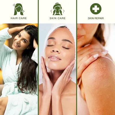 Demonstrates the product's versatility across multiple beauty and personal care applications, showing it can be used for hair care, facial skin care, and skin repair/treatment.