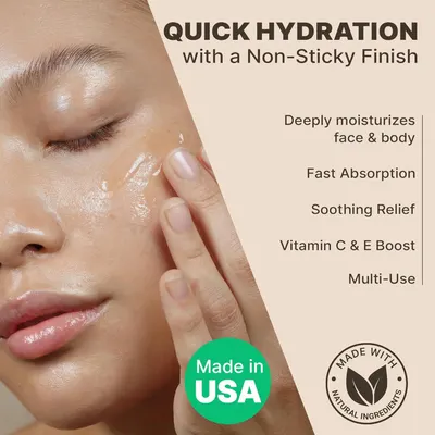 Communicates multiple key benefits of the skincare product in a segmented list format to show shoppers the comprehensive value and versatility of the moisturizer.