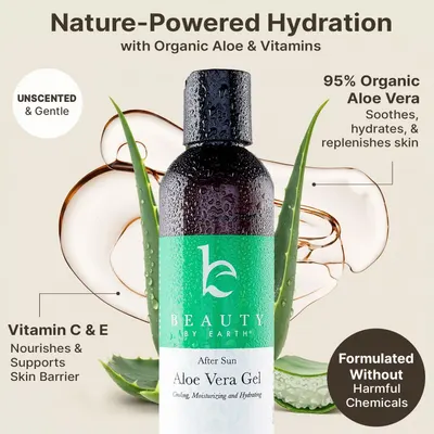 Communicates multiple distinct benefits of the aloe vera gel product including its high organic content, vitamin enrichment, gentle formulation, and safety to reassure shoppers of its comprehensive…