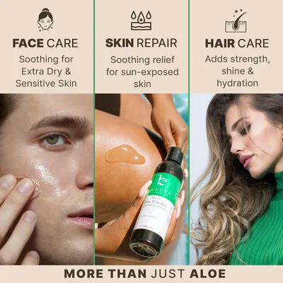 Demonstrates the product's versatility by showing three distinct use cases: soothing dry/sensitive facial skin, repairing sun-exposed skin, and adding strength and hydration to hair.
