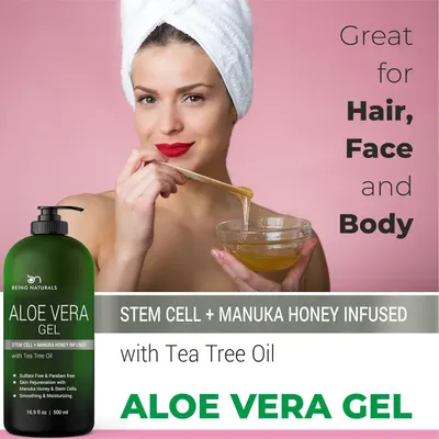 Demonstrates the versatility of the aloe vera gel by showing it can be used across multiple body areas (hair, face, and body), reassuring shoppers of its multi-functional value. Highlights multiple…