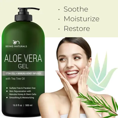 Communicates multiple distinct benefits of the aloe vera gel including soothing, moisturizing, and restoring properties, along with key ingredient callouts and product safety claims to reassure…