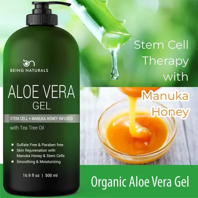 Communicates multiple distinct benefits of the aloe vera gel including stem cell therapy, manuka honey infusion, chemical-free formulation, skin rejuvenation, and moisturizing properties to convince…