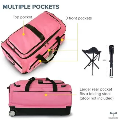 This image breaks down the bag's physical storage zones and compartments, showing shoppers where items can be organized and highlighting the unique rear pocket designed to fit a folding stool.