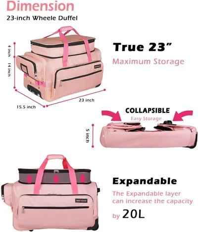 Communicates the exact physical dimensions of the wheeled duffel bag (23 x 15.5 x 14 inches) and demonstrates its collapsible and expandable features to help shoppers understand its size, storage…