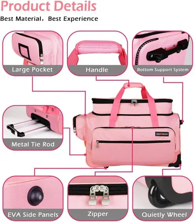 This image breaks down the physical components and structural features of the rolling bag to help shoppers understand the product's construction quality and functional design elements.