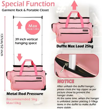 Communicates multiple distinct benefits of the duffle bag including its dual function as a garment rack with 39-inch hanging space, maximum load capacity of 25kg, and usage instructions for…