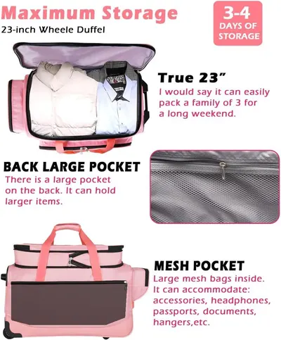 Showcases multiple distinct benefits of the wheeled duffel bag including storage capacity, back pocket functionality, and internal mesh organization to help shoppers understand the product's…