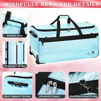 This image breaks down the physical components and structural features of the rolling duffel bag to help shoppers understand the quality construction and thoughtful design details that make the…
