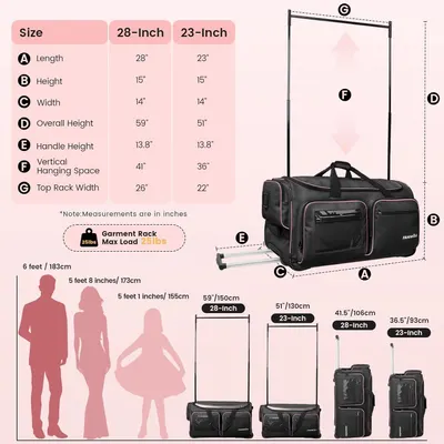 Provides detailed dimensional specifications for two product sizes (28-inch and 23-inch) with labeled measurements and human scale references to help shoppers understand the physical size and choose…