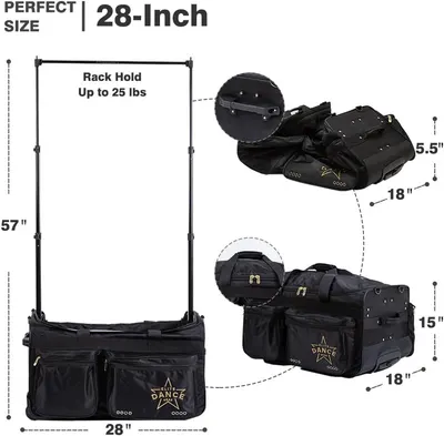 Communicates the exact physical dimensions of the dance bag (28-inch width, 57-inch rack height, 18-inch depth, etc.) and the rack's 25 lb weight capacity to help shoppers understand the product's…