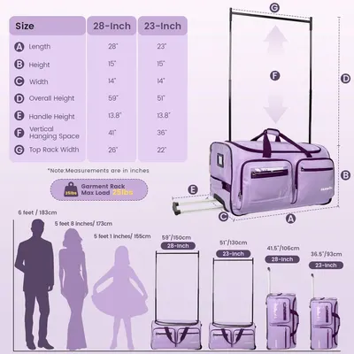 Provides detailed dimensional specifications for two product sizes (28-inch and 23-inch) and shows the product's physical scale relative to human figures, helping shoppers understand the exact size…