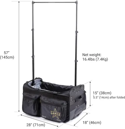 Communicates the exact physical dimensions and weight of the dance bag with garment rack to help shoppers understand if it will fit their needs and storage space.