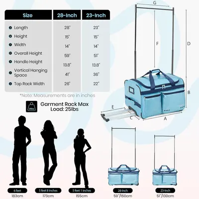 Provides detailed dimensional measurements for two product sizes (28-inch and 23-inch) and uses human silhouettes for scale reference to help shoppers understand the physical size and choose the…