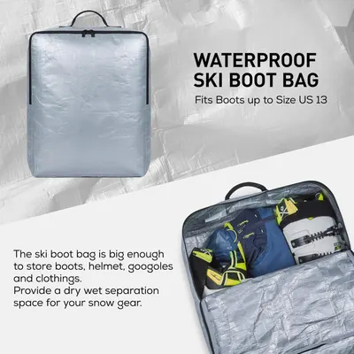 Communicates the waterproof protection and storage capacity of the ski boot bag, reassuring shoppers it can safely hold boots up to size US 13 plus additional gear with organized compartments.