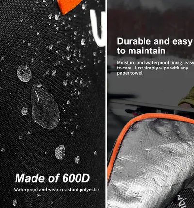Communicates multiple product benefits including waterproof protection, durable 600D polyester construction, and easy-to-clean maintenance to reassure shoppers of the product's quality and…