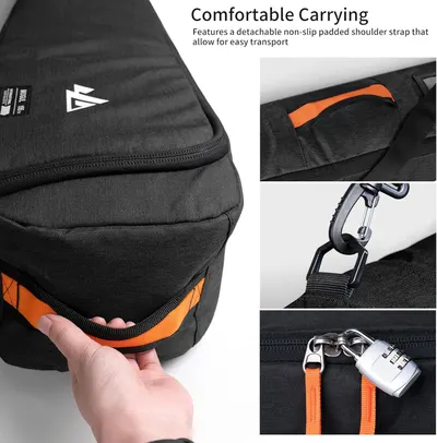 This image breaks down the carrying features of the bag by highlighting specific physical components—the padded shoulder strap, attachment clips, and lock zipper pulls—to show shoppers how the…