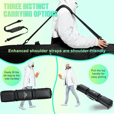 Demonstrates three distinct ways to carry the ski bag (shoulder strap, side handles, and wheeled rolling) to show versatility and convenience for different travel scenarios. Instructs shoppers on…
