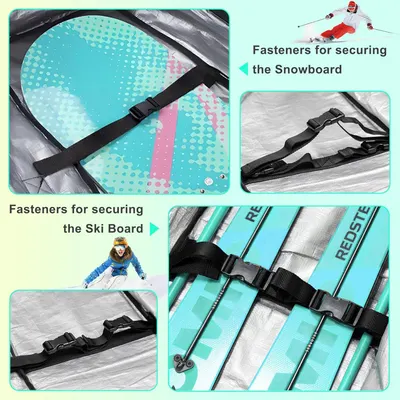 Demonstrates the multiple use cases of the fastener straps by showing how they can secure both snowboards and ski boards, reassuring shoppers of the product's versatility for different winter sports…