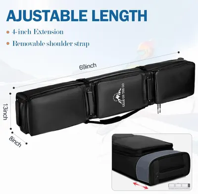 Communicates the physical dimensions of the product (69 inches length, 13 inches height, 8 inches width) and highlights the adjustable length feature with 4-inch extension and removable shoulder…