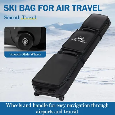 Highlights the ski bag's smooth-glide wheels and handle design to reassure travelers that the product is easy to maneuver through airports and transit.