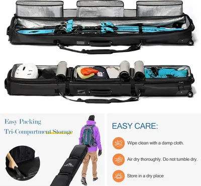 Demonstrates the ski bag's organizational features with tri-compartment storage for gear separation, and provides care instructions to reassure buyers about maintenance and durability.