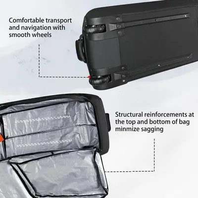 Highlights specific physical components of the luggage — the smooth wheels for easy transport and the structural reinforcements that prevent sagging — to help shoppers understand the product's…