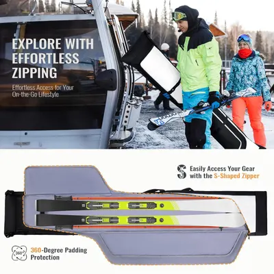Communicates multiple distinct benefits of the ski bag: easy access via effortless zipping, convenient S-shaped zipper design, and comprehensive 360-degree padding protection for gear safety.