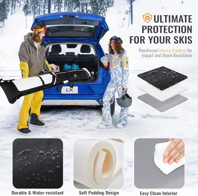 Communicates multiple protective and practical benefits of the ski bag through a segmented layout showing impact resistance, water resistance, soft padding, and easy cleaning to reassure shoppers of…