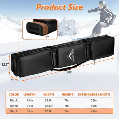 Communicates the exact physical dimensions of the ski bag in multiple configurations, helping shoppers understand the size and ensure it fits their equipment and storage needs. Shows the different…