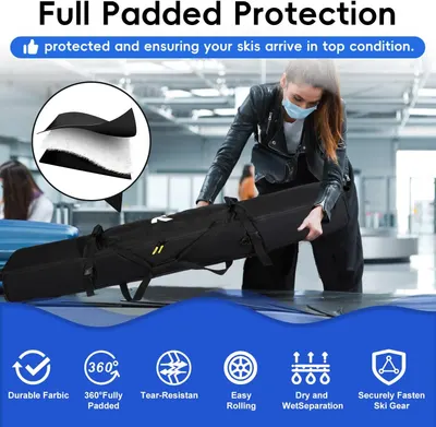 Communicates multiple protective and functional benefits of the ski bag to reassure shoppers that their equipment will be safe and the bag is easy to use during travel.