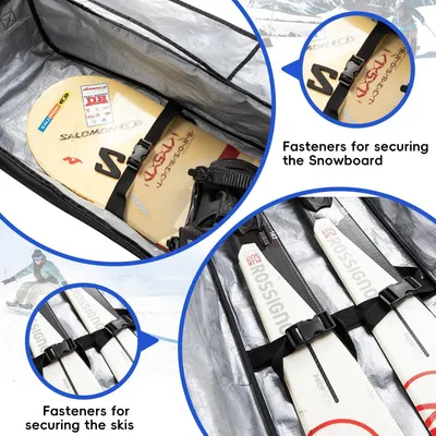 Highlights the internal fastening system of the bag, showing shoppers how the product securely holds snowboards and skis in place during transport.