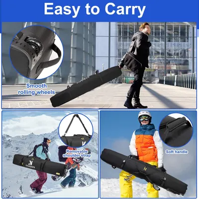Highlights the portability features of the snowboard bag, showing smooth rolling wheels, removable shoulder strap, and soft handle to reassure shoppers that the product is easy to transport in…